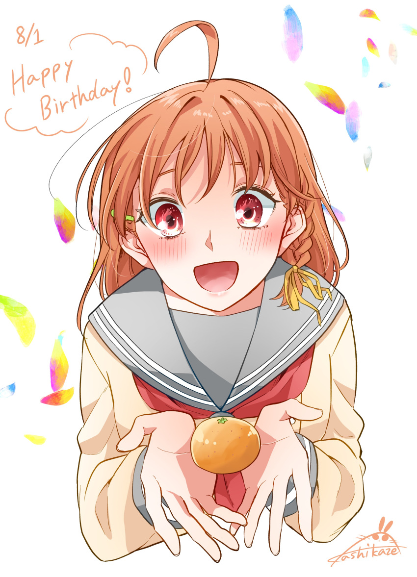 1girl absurdres ahoge blush braid cropped_torso dated food fruit grey_sailor_collar hair_ornament hair_ribbon hairclip happy_birthday highres kashikaze long_sleeves looking_at_viewer love_live! love_live!_sunshine!! mandarin_orange medium_hair neckerchief open_mouth orange_hair red_eyes red_neckerchief ribbon sailor_collar school_uniform serafuku shirt side_braid signature simple_background solo takami_chika upper_body uranohoshi_school_uniform white_background white_shirt yellow_ribbon