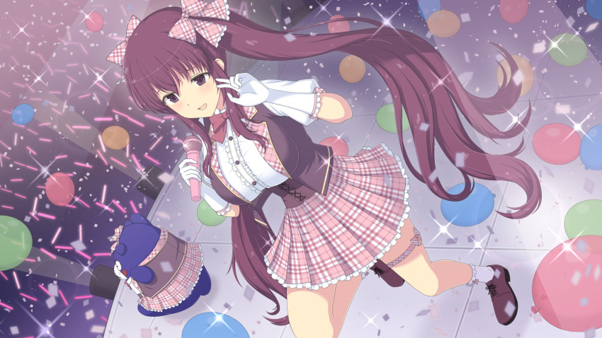 1girl balloon bebe-tan blush bow breasts brown_footwear concert confetti corset frilled_gloves frilled_socks frills gloves glowstick hair_between_eyes hair_ribbon highres holding holding_microphone idol idol_clothes large_breasts long_hair looking_at_viewer microphone murasaki_(senran_kagura) music open_mouth perapera pink_skirt plaid plaid_bow plaid_skirt pleated_skirt purple_bow purple_eyes purple_hair ribbon ribbon-trimmed_gloves ribbon_trim senran_kagura senran_kagura_new_link senran_kagura_shinovi_versus shoes singing skirt smile socks solo stage stage_lights stuffed_animal stuffed_toy teddy_bear thigh_strap tile_floor tiles twintails very_long_hair white_gloves white_socks