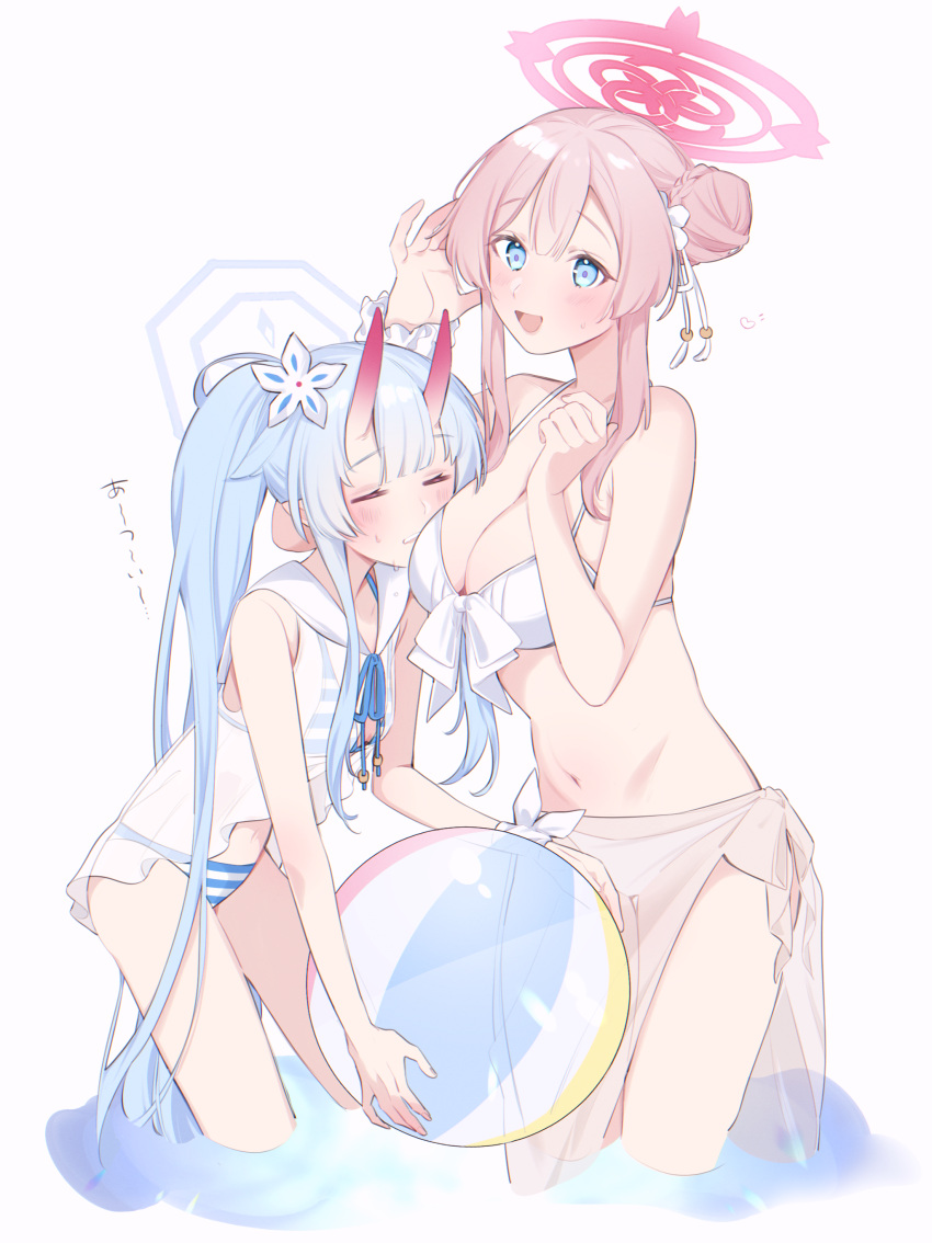 2girls absurdres ball beachball bikini blue_archive blue_bikini blue_eyes breast_press breasts chise_(blue_archive) chise_(swimsuit)_(blue_archive) cleavage closed_eyes commentary_request flat_chest flower grimace hair_bun hair_flower hair_ornament halo height_difference highres holding holding_ball holding_beachball horns hot large_breasts legs long_hair mimasakaren_(artist) mimori_(blue_archive) mimori_(swimsuit)_(blue_archive) multiple_girls navel official_alternate_costume oni_horns open_mouth ribbon sailor_collar sarong scrunchie side_ponytail single_side_bun smile stomach striped striped_bikini sweat swimsuit teeth thighs translated very_long_hair wading white_bikini white_ribbon white_sailor_collar wrist_ribbon wrist_scrunchie