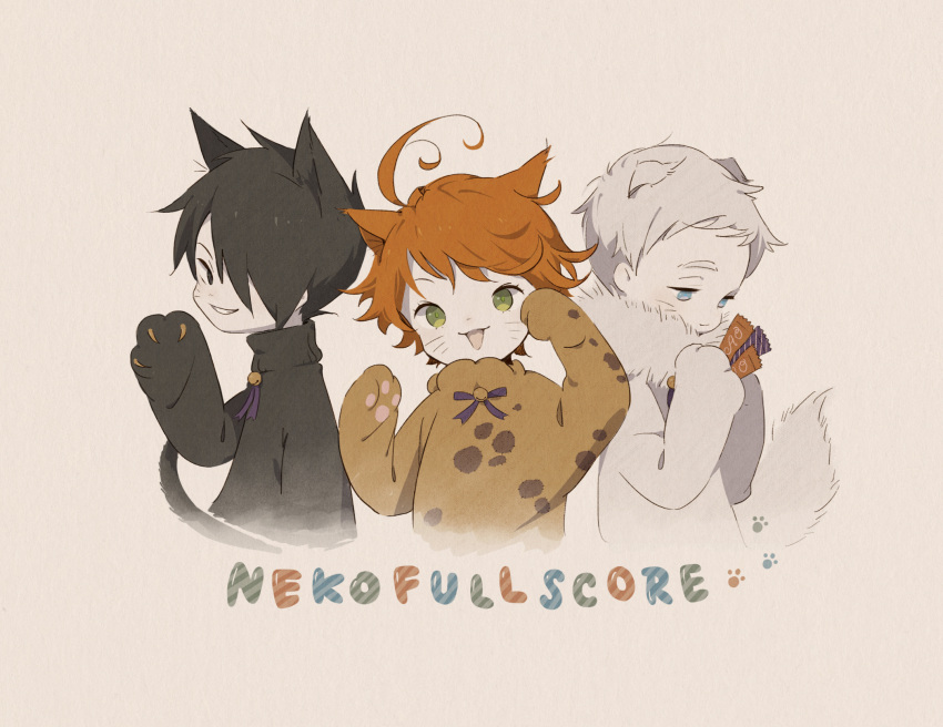 1girl 2boys animal_ears animal_hands awarin black_hair black_shirt blue_eyes brown_shirt emma_(yakusoku_no_neverland) green_eyes highres multiple_boys norman_(yakusoku_no_neverland) open_mouth orange_hair ray_(yakusoku_no_neverland) shirt smile tail upper_body white_background white_hair white_shirt yakusoku_no_neverland