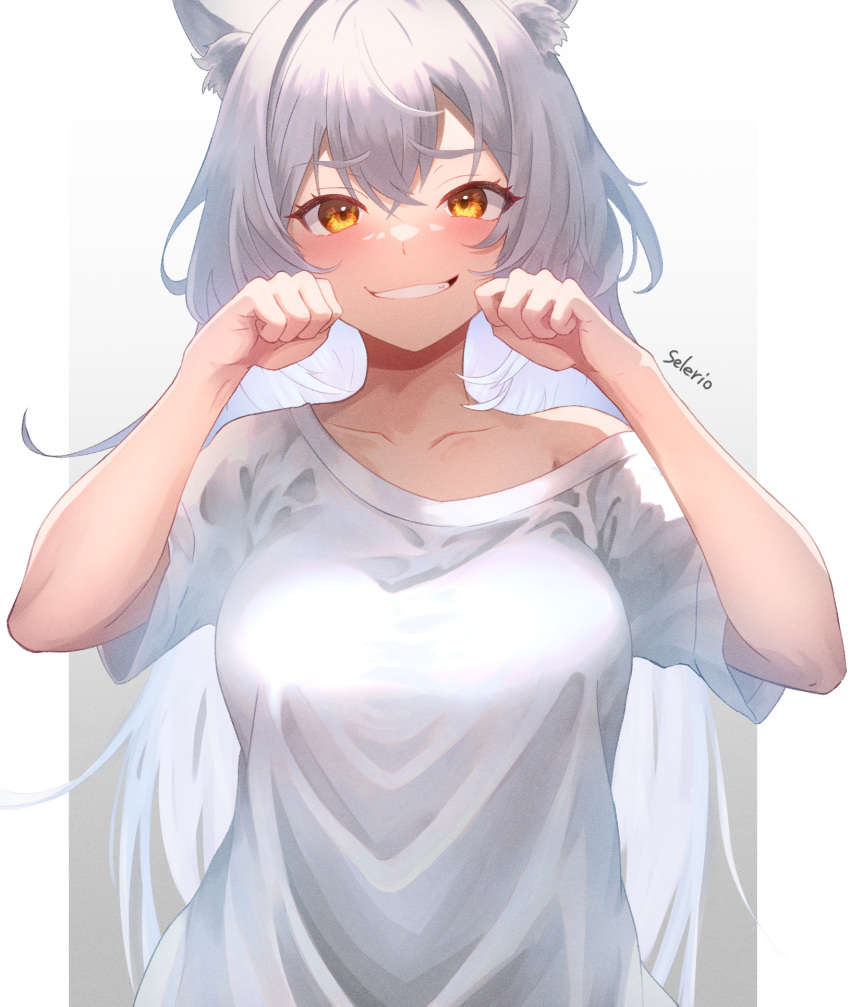 1girl animal_ear_fluff animal_ears artist_name black_hanekawa breasts cat_ears cat_girl collarbone english_commentary grin hair_between_eyes hanekawa_tsubasa highres large_breasts long_hair looking_at_viewer mixed-language_commentary monogatari_(series) off_shoulder paw_pose selerio3 shirt smile solo upper_body very_long_hair white_hair white_shirt yellow_eyes