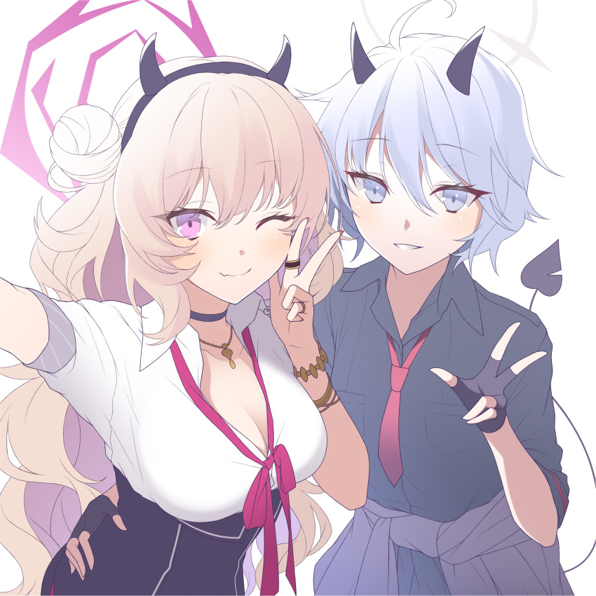 2girls :d ;) ahoge bangs black_gloves blue_archive bow bowtie bracelet brown_hair choker clothes_around_waist collarbone collared_shirt commentary_request demon_girl demon_horns demon_tail erika_(blue_archive) fake_horns fingerless_gloves gloves grey_eyes grey_hair hair_between_eyes hair_bun hairband halo hand_on_another's_hip highres horns jacket jacket_around_waist jewelry kirara_(blue_archive) leaning_forward long_hair long_sleeves looking_at_viewer midorino_eni multiple_girls nail_polish necktie one_eye_closed one_side_up pleated_skirt purple_eyes ring school_uniform selfie shirt short_hair sidelocks simple_background single_side_bun skirt sleeves_rolled_up smile tail v white_background