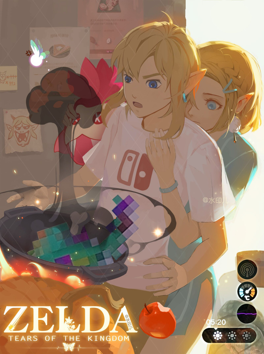 1boy 1girl anger_vein bad_food blonde_hair blue_eyes braid copyright_name crown_braid earrings fairy hair_ornament hairclip heads-up_display highres hug hug_from_behind jewelry korok link liuguang_shuiyin medium_hair nintendo_switch_shirt pixelated pointy_ears princess_zelda sidelocks the_legend_of_zelda the_legend_of_zelda:_tears_of_the_kingdom timestamp