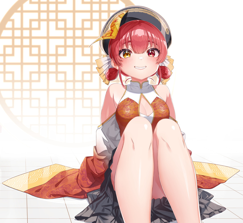 1girl absurdres arm_support black_skirt breasts chinese_clothes cleavage cleavage_cutout clothing_cutout detached_sleeves feet_out_of_frame grin hat heterochromia highres hololive houshou_marine knees_up leaning_back looking_at_viewer medium_breasts ofuda qing_guanmao red_eyes red_hair shirt short_hair sitting skirt sleeveless sleeveless_shirt sleeves_past_fingers sleeves_past_wrists smile solo tile_floor tiles tonegawa_ribu virtual_youtuber yellow_eyes