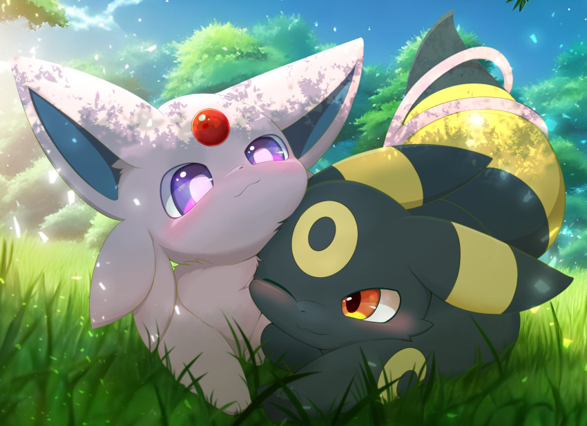 3_toes :3 ambiguous/ambiguous ambiguous_gender big_ears black_body black_ears black_fur black_pupils black_tail blue_inner_ear blush canid cheek_tuft cloud colored day detailed_background digital_media_(artwork) duo ears_back eeveelution entwined_tails espeon facial_tuft feet felid feline feral feral_on_feral forehead_gem forest forked_tail front_view full-length_portrait fur gem generation_2_pokemon glistening glistening_eyes grass hi_res hirochanu kemono light looking_at_another looking_at_partner lying mammal markings monotone_ears monotone_tail multicolored_body multicolored_ears multicolored_fur multicolored_tail nature neck_tuft nintendo nuzzling on_front one_eye_closed orange_eyes outside particles paws pink_body pink_ears pink_fur pink_tail pivoted_ears plant pokemon pokemon_(species) portrait pupils purple_eyes quadruped ring_(marking) romantic romantic_couple shaded sky sparkles sunlight tail tail_coil toes tree tuft two_tone_body two_tone_ears two_tone_fur two_tone_tail umbreon unusual_anatomy unusual_tail white_pupils wink yellow_body yellow_ears yellow_fur yellow_markings yellow_tail