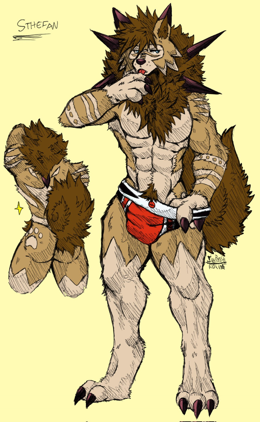 anthro anthrofied athletic athletic_anthro athletic_male biped blue_eyes bulge butt butt_markings canid canine claws clothed clothing finger_claws finger_fetish finger_lick finger_play fingers fur generation_7_pokemon hi_res jockstrap jockstrap_only jwbash licking lycanroc male mammal markings midday_lycanroc multicolored_body multicolored_fur muscular muscular_anthro muscular_male nintendo pokemon pokemon_(species) simple_background solo toe_claws tongue tongue_out topless two_tone_body two_tone_fur underwear underwear_only