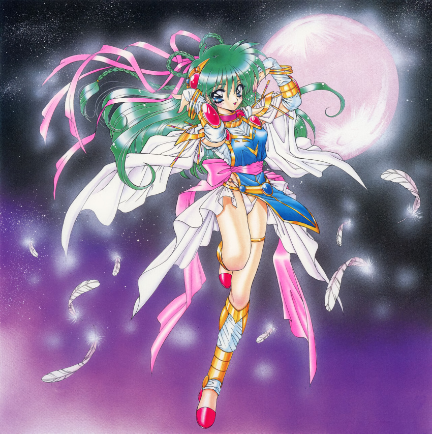 1990s_(style) 1girl arms_up blue_eyes bracelet braid bridal_gauntlets can_can_bunny can_can_bunny_extra cape feathers floating_hair full_body full_moon gold_trim green_hair hair_ribbon highres jewelry long_hair moon night night_sky non-web_source official_art open_mouth ramiya_ryou retro_artstyle ribbon sky solo star_(sky) starry_sky swatty_(can_can_bunny) thighlet