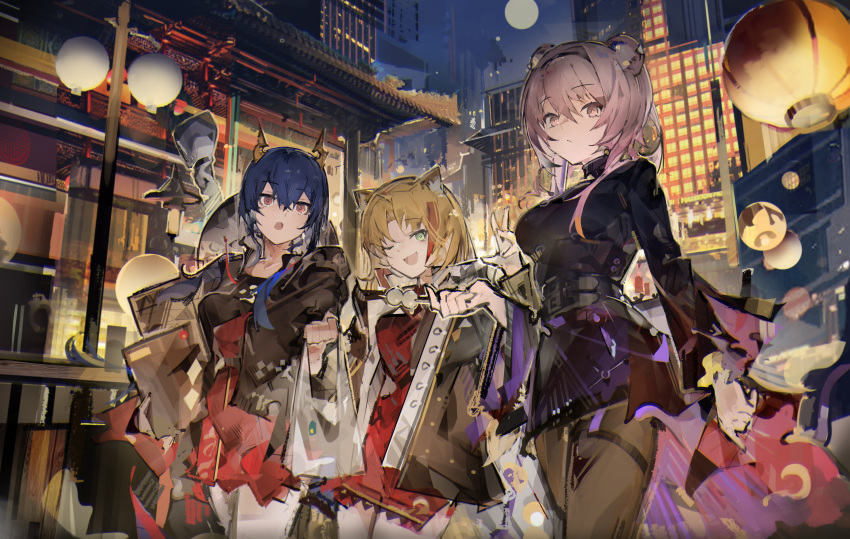 3girls :o absurdres animal_ears architecture arknights arm_at_side bag bare_legs black_dress black_jacket blonde_hair blue_hair blue_sky brown_pantyhose ch'en_(arknights) commentary cowboy_shot dragon_girl dragon_horns dress east_asian_architecture english_commentary full_moon green_eyes highres holding holding_bag hood hooded_jacket horns jacket jumbowhopper lantern lin_(arknights) long_sleeves looking_at_viewer moon mouse_ears multiple_girls night night_sky one_eye_closed open_mouth outdoors pantyhose pink_eyes pink_hair red_dress red_eyes red_hair shopping_bag short_hair sidelocks sky skyline smile swire_(arknights) tiger_ears tiger_girl w