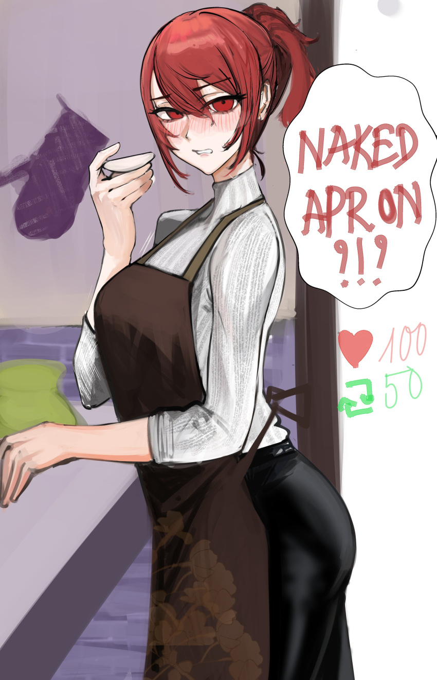 1girl absurdres alternate_costume apron black_pants blush breasts brown_apron closed_mouth cowboy_shot double-parted_bangs english_text eyelashes from_side hair_between_eyes hand_up highres indoors kirijou_mitsuru large_breasts like_and_retweet long_hair long_sleeves looking_at_viewer meme nero_watch pants persona persona_3 ponytail red_eyes red_hair ribbed_sweater sidelocks solo speech_bubble sweater teeth turtleneck turtleneck_sweater twitter_strip_game_(meme) white_sweater