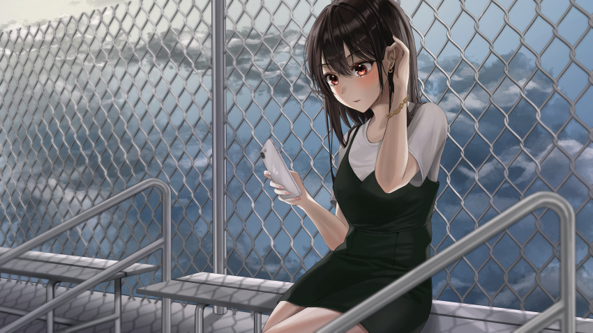 1girl absurdres adjusting_hair black_dress blush bracelet breasts brown_hair cellphone chain-link_fence closed_mouth cloud cloudy_sky commission dress earrings english_commentary fence hair_between_eyes highres holding holding_phone illust_sucong jewelry looking_at_phone medium_breasts medium_hair multiple_earrings on_bench original phone pink_nails red_eyes rooftop school_uniform sitting sky smartphone straight_hair