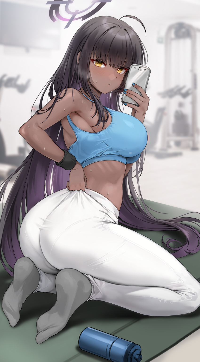 1girl adjusting_clothes adjusting_legwear ahoge alternate_costume ass black_hair blue_archive blue_nails blue_sports_bra bottle breasts breath closed_mouth gijang grey_socks gym hair_down halo highres indoors karin_(blue_archive) large_breasts long_hair midriff no_shoes pants pantylines selfie socks solo sports_bra sweat very_long_hair water_bottle white_pants wristband yellow_eyes yoga_mat yoga_pants
