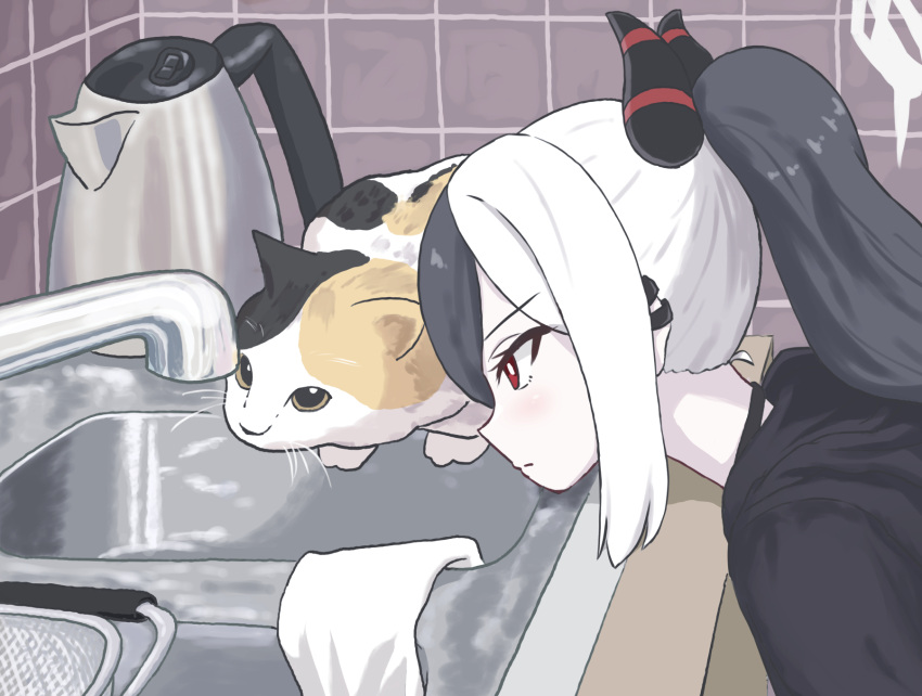 1girl bent_over black_choker black_hair black_sweater blue_archive calico cat choker coffee_maker_(object) commentary_request demon_girl demon_horns dishwasher facing_away faucet from_side hair_between_eyes halo head_rest highres hood hooded_sweater horns indoors kayoko_(blue_archive) kitchen long_hair long_sleeves looking_away multicolored_hair piercing ponytail profile red_eyes sidelocks sweater two-tone_hair unamaso white_hair
