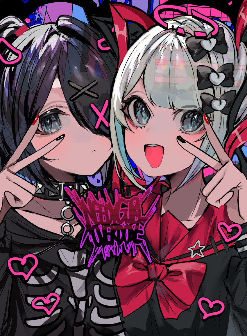2girls :d absurdres alternate_costume ame-chan_(needy_girl_overdose) black_bow black_collar black_eyes black_hair black_nails black_shirt blunt_bangs bow chouzetsusaikawa_tenshi-chan chouzetsusaikawa_tenshi-chan_(dark_angel) closed_mouth collar collared_shirt copyright_name dark_persona drawn_halo dual_persona hair_bow hair_ornament hair_over_one_eye halo hand_up hashtag_only_commentary heart highres long_hair long_sleeves looking_at_viewer momae_makku multicolored_nails multiple_girls multiple_hair_bows nail_polish needy_girl_overdose official_alternate_color open_mouth pink_halo quad_tails red_bow red_hair red_nails red_sailor_collar sailor_collar shirt skeleton_print smile twintails upper_body v_over_eye white_hair x_hair_ornament