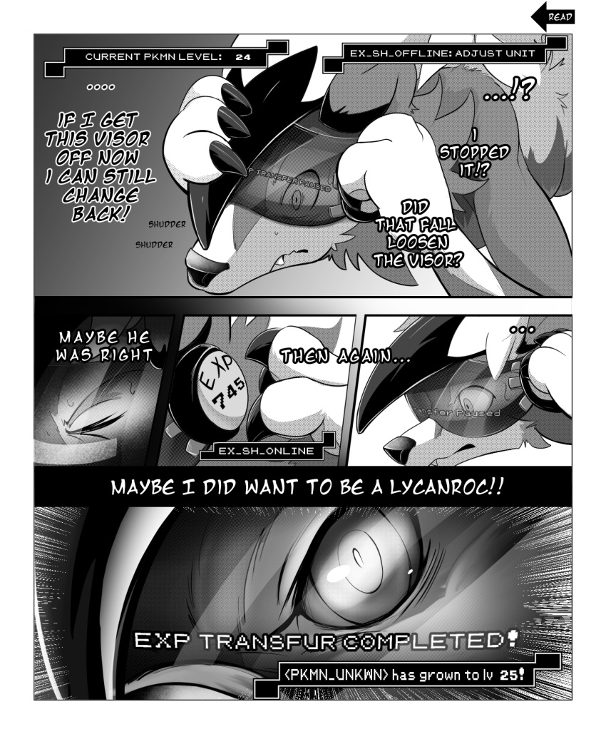 ?! anthro claws comic dialogue ellipsis english_text fangs finger_claws forced forced_transformation generation_7_pokemon gloves_(marking) greyscale hi_res lycanroc male markings midnight_lycanroc monochrome nintendo pokemon pokemon_(species) ringed_eyes shaded snout solo teeth text toshabi transformation transformation_sequence visor