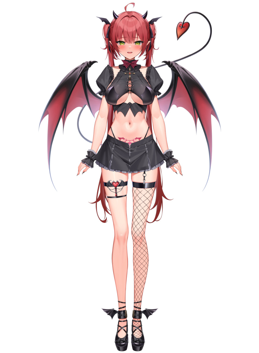 1girl ahoge black_shirt black_skirt boobplate breasts clothing_cutout crop_top demon_girl demon_horns demon_tail demon_wings detached_sleeves fishnet_thighhighs fishnets frilled_skirt frills full_body green_eyes h.live highleg highres horns kyonta large_breasts legs long_hair looking_at_viewer midriff miniskirt navel official_art panty_straps pointy_ears pubic_tattoo red_hair rena_(h.live) revealing_clothes shirt shoes short_sleeves shrug_(clothing) simple_background single_thighhigh skirt sleeveless sleeveless_shirt solo standing stomach tachi-e tail tail_raised tattoo thigh_strap thighhighs thighs twintails underboob underboob_cutout very_long_hair white_background wings