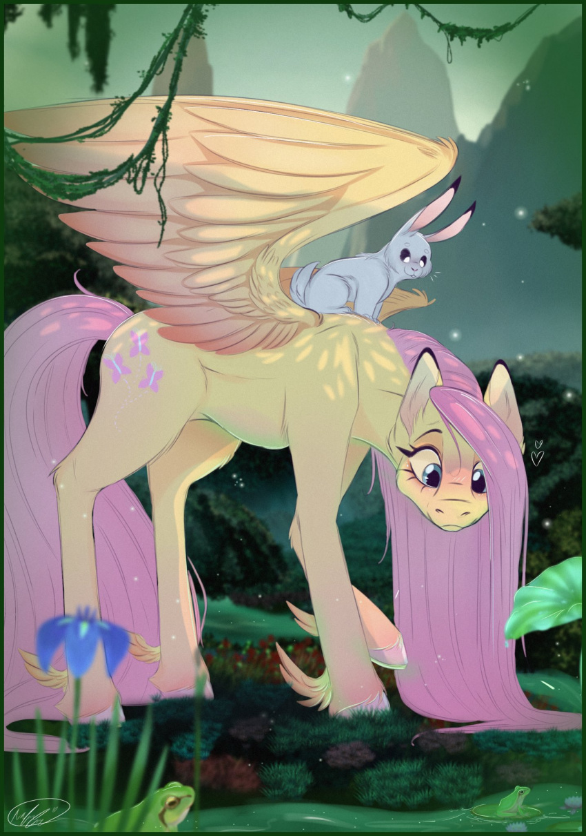 2023 ambient_frog ambiguous_gender amphibian angel_(mlp) black_ears black_eyebrows black_eyelashes black_sclera blue_eyes blue_flower blush border cutie_mark day duo equid equine eyebrows feathering feathers female feral flower fluffyfoxarts fluttershy_(mlp) friendship_is_magic frog fur grass green_body green_border green_skin green_sky hair hasbro hi_res hooves lagomorph larger_female larger_feral leaf leporid light lighting long_hair looking_down mammal mane moss mountain multicolored_body multicolored_ears multicolored_skin my_little_pony outside pegasus pink_hair pink_hooves pink_inner_ear pink_mane pink_tail plant quadruped rabbit raised_leg riding_on_back shaded side_view signature size_difference smaller_ambiguous smaller_feral smile snout standing swamp tail tree two_tone_body two_tone_ears two_tone_skin unguligrade vines water white_body white_ears white_eyebrows white_eyes white_fur white_skin wings yellow_body yellow_ears yellow_feathers yellow_fur yellow_wings