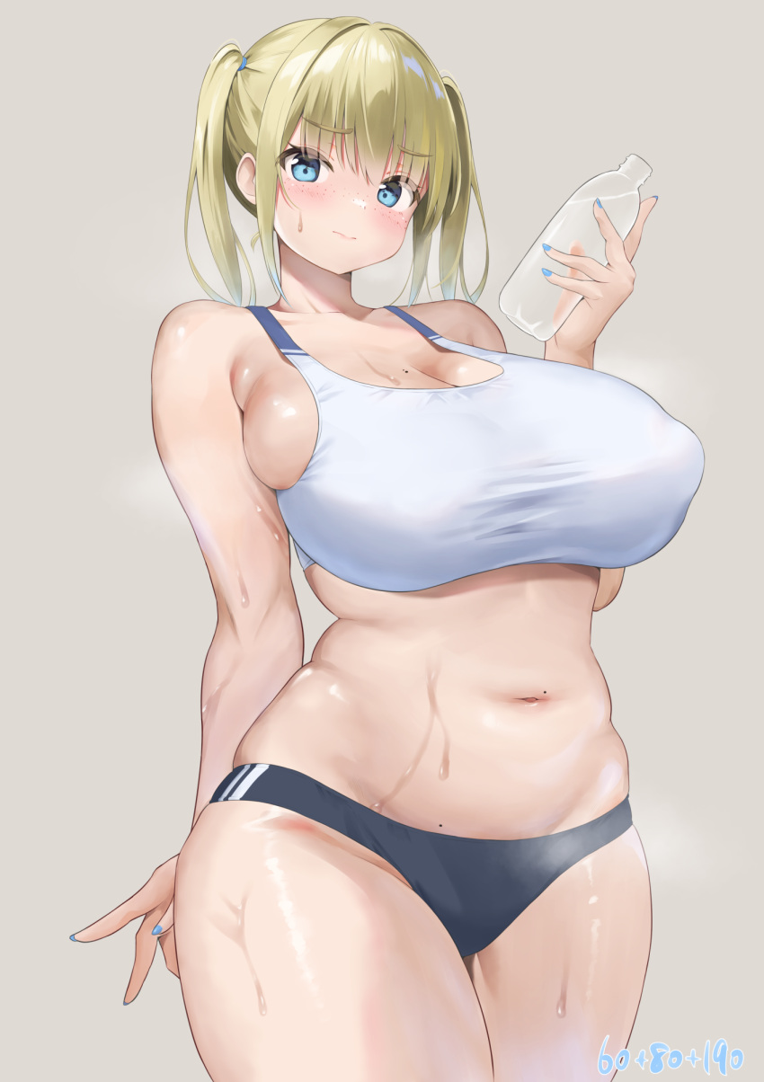 1girl arm_behind_back aymusk black_buruma blonde_hair blue_eyes blush bottle breasts buruma cleavage closed_mouth collarbone covered_nipples cowboy_shot curvy embarrassed freckles grey_background highres holding holding_bottle large_breasts medium_hair nail_polish navel original sidelocks simple_background sports_bra standing stomach sweat thick_thighs thighs water_bottle