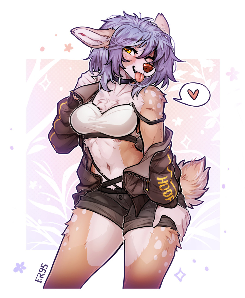 &lt;3 absurd_res aldea_(character) anthro blep blue_hair bottomwear bra breasts chest_tuft choker clothed clothing deer f-r95 female front_view fully_clothed fur hair hi_res jacket jewelry looking_at_viewer mammal midriff necklace one_eye_closed open_clothing open_jacket open_topwear partially_clothed seductive shorts solo standing tan_body tan_fur tongue tongue_out topwear tuft underwear