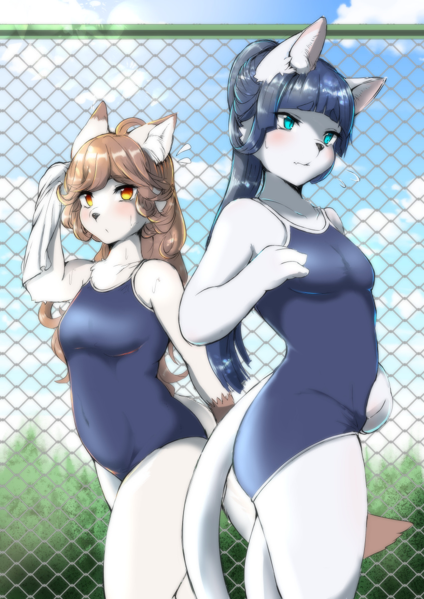 2022 absurd_res amber_eyes anthro biped black_nose blue_clothing blue_eyes blue_hair blue_swimwear blush bodily_fluids breasts brown_body brown_ear_tips brown_ears brown_fur brown_hair canid canine chain-link_fence cheek_tuft clothed clothing cloud colored day detailed_background digital_media_(artwork) dipstick_ears domestic_cat duo facial_tuft felid feline felis female fence fingers flying_sweatdrops fox fully_clothed fur glistening glistening_eyes glistening_hair gloves_(marking) hair hi_res holding_object holding_towel inner_ear_fluff kemono long_hair looking_aside looking_at_viewer mammal markings medium_breasts monotone_ears monotone_hair monotone_tail multicolored_body multicolored_ears multicolored_fur one-piece_swimsuit outside plant ponytail portrait pupils shaded shikibetsuko shy side_view sky slim slit_pupils standing sweat sweatdrop swimwear tail three-quarter_portrait three-quarter_view towel tree tuft two_tone_body two_tone_ears two_tone_fur white_body white_fur white_inner_ear white_inner_ear_fluff yellow_eyes