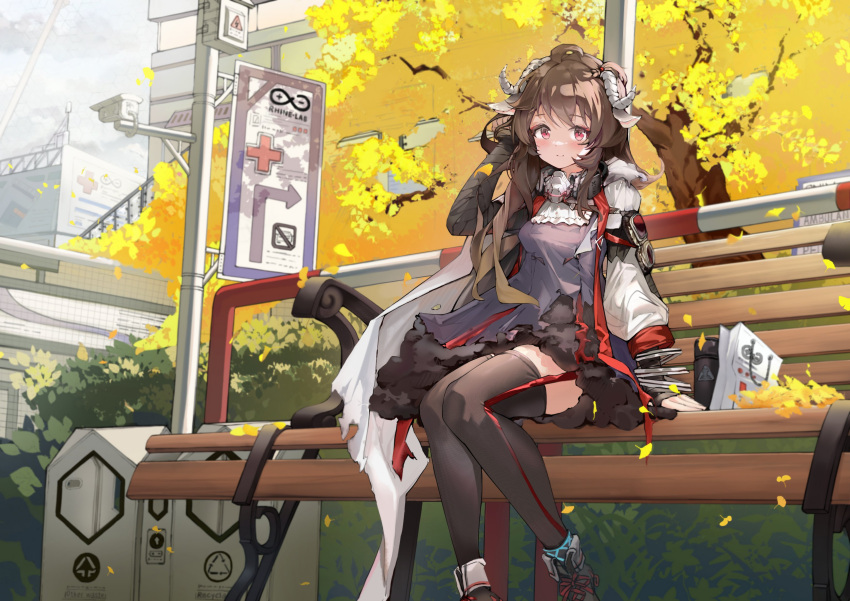 1girl absurdres animal_ears arknights breasts brown_hair dress eyjafjalla_(arknights) feet_out_of_frame flan99912537 frilled_dress frills grey_dress highres horns infection_monitor_(arknights) jacket mask mask_around_neck medium_breasts open_clothes open_jacket outdoors pink_eyes recycle_bin respirator rhine_lab_(arknights) sheep_ears sheep_girl sheep_horns sitting_on_bench thighhighs torn_clothes tree white_jacket
