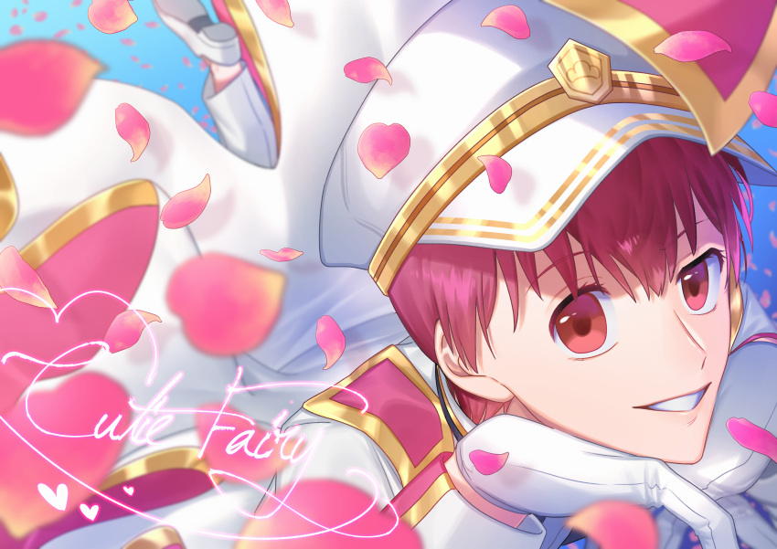 absurdres buttons cape character_name collared_shirt epaulettes f6 falling_petals flower gold_trim grin hand_on_own_chin hat highres interlocked_fingers looking_at_viewer male_focus matsuno_todomatsu military_hat on_shiromeshi osomatsu-san peaked_cap petals pink_eyes pink_flower pink_hair rose_petals shirt smile white_cape white_headwear