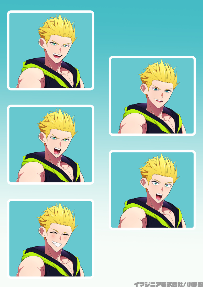 1boy aqua_background blonde_hair fitness_boxing green_eyes green_jacket highres jacket male_focus onomari546 shirt sleeveless sleeveless_shirt smile tooth