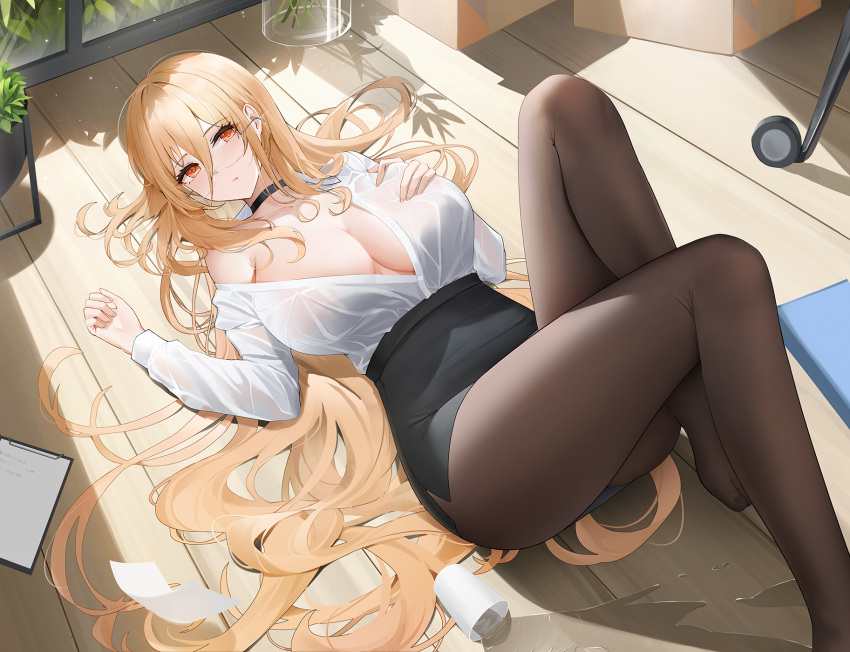 1girl azur_lane black_choker black_pantyhose black_skirt blonde_hair breasts choker cleavage glasses hair_between_eyes high-waist_skirt highres implacable_(azur_lane) implacable_(shepherd_of_the_"lost")_(azur_lane) large_breasts long_hair long_sleeves looking_at_viewer lying official_alternate_costume on_back pantyhose qing_wu red_eyes shirt skirt solo spill very_long_hair white_shirt