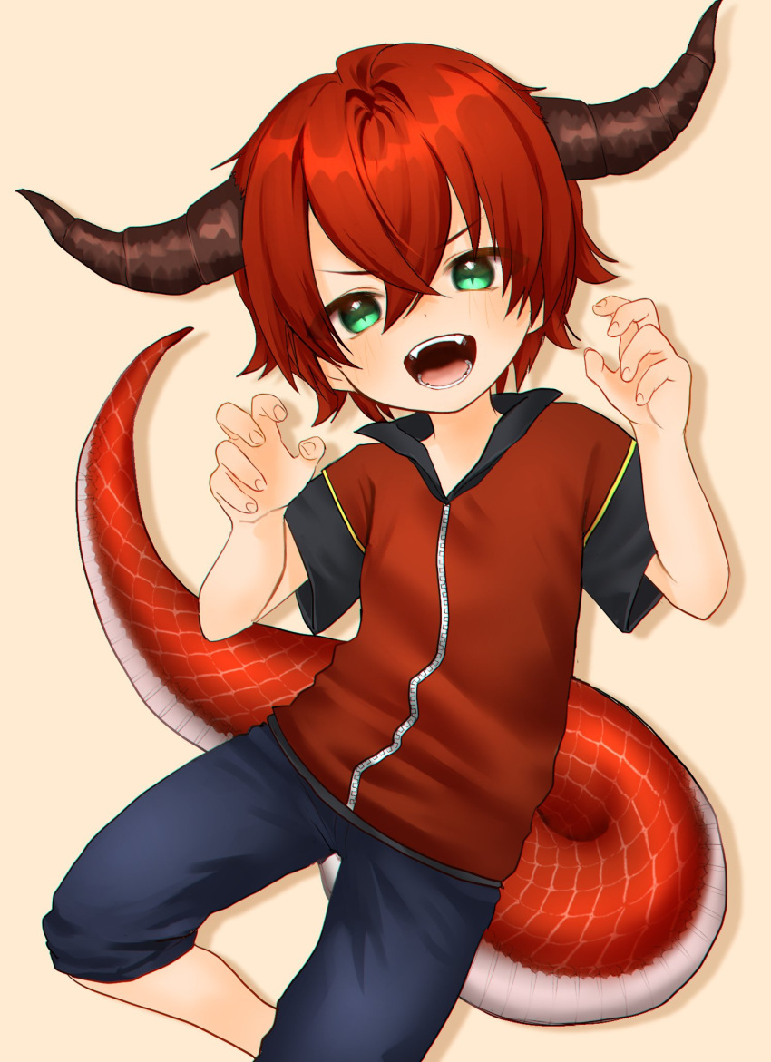 1boy child commentary_request fangs furry furry_male green_eyes hair_between_eyes highres horns kemonomimi_mode lightning_background lizard_tail male_focus monster_boy original red_hair reptile_boy scales short_sleeves simple_background slit_pupils smile solo tail teeth toron_0812