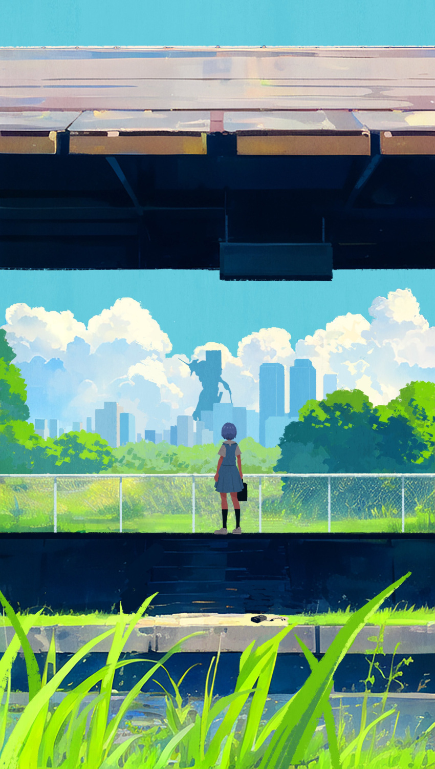 1girl absurdres ayanami_rei black_socks blue_hair blue_skirt blue_sky building chain-link_fence city cloud commentary_request cumulonimbus_cloud day eva_01 evangelion_(mecha) facing_away fence grass highres mecha neon_genesis_evangelion outdoors robot scenery school_uniform science_fiction seisyunbotdesu shirt shoes short_hair skirt sky skyscraper sneakers socks solo tokyo-3_middle_school_uniform train_station_platform tree walkman water white_footwear white_shirt