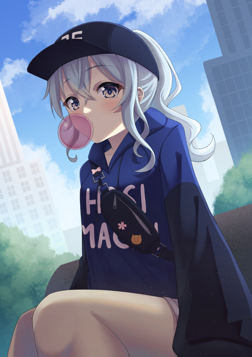 1girl alternate_costume baseball_cap black_sleeves blue_eyes blue_hair blue_jacket bubble_blowing chewing_gum commentary hat highres hololive hood hoodie hoshimachi_suisei jacket light_blue_hair long_hair looking_at_viewer nenechi outdoors shorts sleeves_past_fingers sleeves_past_wrists solo star_(symbol) star_in_eye symbol_in_eye virtual_youtuber white_shorts