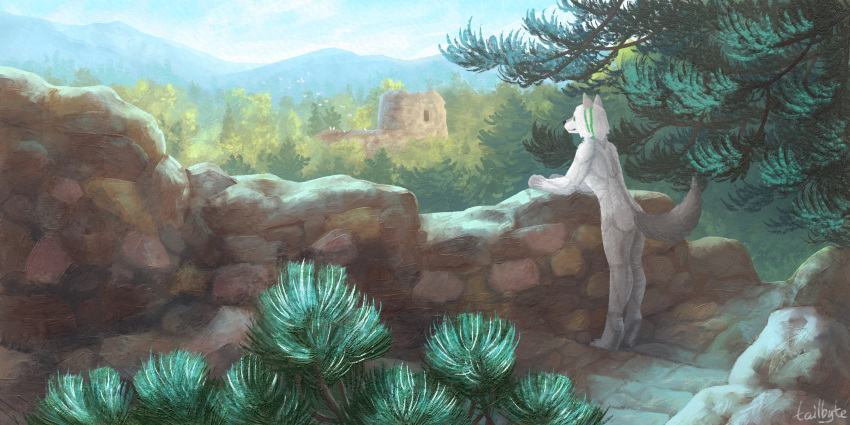 2023 ambiguous_gender anthro canid canine castle detailed detailed_background digital_drawing_(artwork) digital_media_(artwork) digital_painting_(artwork) digitigrade forest forest_background full-length_portrait fur hair hi_res looking_away mammal markings mountain nature nature_background nude outside plant portrait rock ruins shaded signature sky smile solo tailbyte tree were werecanid werecanine werewolf white_body