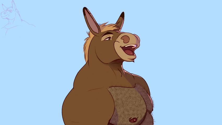 absurd_res adam's_apple anthro asinus body_hair chest_hair donkey equid equine hi_res long_ears male mammal mohawk muscular nipples smile solo teeth timberdonk tongue