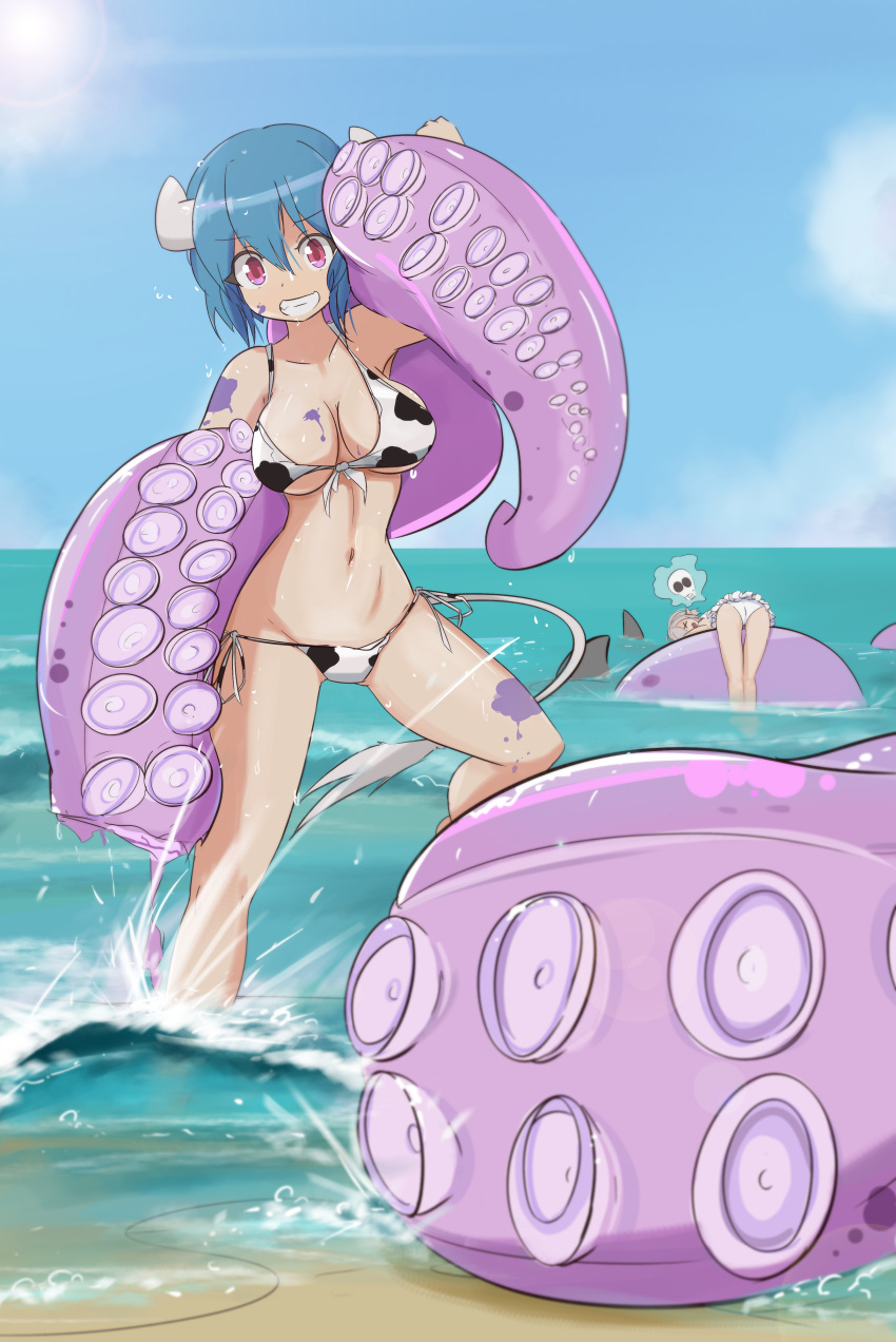 2girls absurdres animal_print ass bikini blue_hair blush breasts cleavage cow_girl cow_horns cow_print cow_print_bikini cow_tail grin highres horns jashin-chan_dropkick large_breasts looking_at_viewer minos_(jashin-chan_dropkick) minos_drawfag multiple_girls ocean octopus outdoors persephone_ii red_eyes short_hair sky smile swimsuit tail white_bikini white_hair