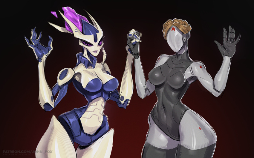 2023 agent_voxine android atomic_heart breasts crossover curvy_figure duo featureless_breasts fecharis female hand_holding hourglass_figure humanoid johnfoxart looking_at_viewer machine mechari not_furry nude nude_female robot robot_humanoid the_twins_(atomic_heart) wildstar