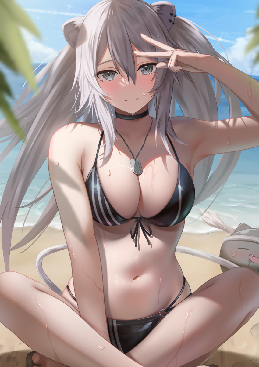 1girl absurdres animal_ears arm_up beach bikini black_bikini blue_sky blurry breasts closed_mouth crossed_ankles depth_of_field dog_tags grey_eyes grey_hair highres hololive indian_style large_breasts leaf lion_ears lion_girl looking_at_viewer navel ocean sandals shishiro_botan sitting sky smile solo_focus ssrb_(shishiro_botan) stomach swimsuit tataki_worker virtual_youtuber w water wet