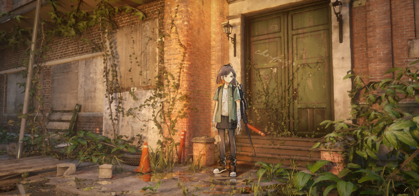 1girl abandoned absurdres ata-zhubo bandaged_arm bandages black_skirt brown_eyes brown_hair building gun highres miniskirt outdoors overgrown post-apocalypse rifle scenery skirt sniper_rifle tagme the_last_of_us weapon
