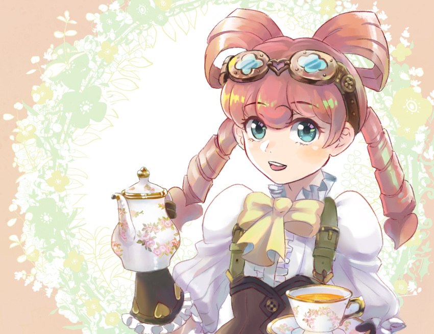 1girl ace_attorney aqua_eyes ascot blush bow bow-shaped_hair bowtie brown_gloves brown_skirt buttons center_frills cup drill_hair frilled_gloves frilled_shirt_collar frilled_sleeves frills gloves goggles goggles_on_head hair_rings hand_up high-waist_skirt holding holding_teapot iris_wilson looking_at_viewer medium_hair open_mouth pink_hair puffy_sleeves shirt shoulder_strap skirt solo teacup teapot the_great_ace_attorney twintails white_shirt yellow_ascot yellow_bow yellow_bowtie yue_0809