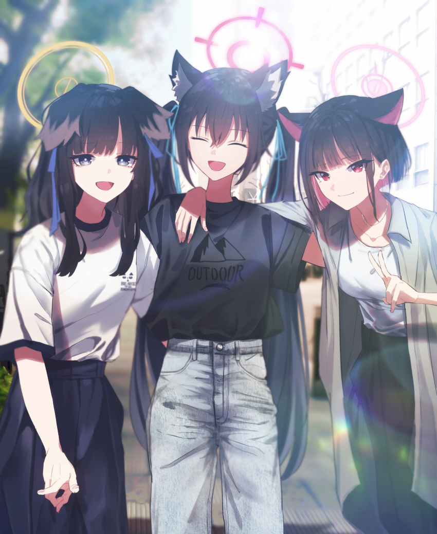 3girls ^_^ alternate_costume animal_ear_fluff animal_ears arm_on_shoulder black_hair black_pants black_shirt blue_archive blunt_bangs blurry bow casual cat_ears cat_girl closed_eyes collarbone colored_inner_hair commentary denim depth_of_field dog_ears dog_girl english_text extra_ears grey_eyes grey_pants hair_between_eyes hair_bow hair_ribbon halo hibiki_(blue_archive) highres jewelry kazusa_(blue_archive) leaning_forward long_hair looking_at_viewer multicolored_hair multiple_girls necklace outdoors pants red_eyes ribbon serika_(blue_archive) shirt short_hair short_sleeves sidelocks sumutemu t-shirt two-tone_hair v white_shirt