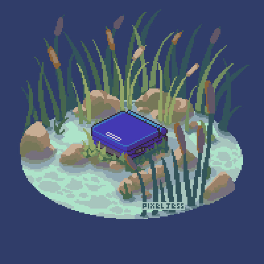 animated animated_gif blue_background diorama game_boy_advance game_boy_advance_sp handheld_game_console highres isometric nintendo no_humans pixel_art pixel_jess plant simple_background still_life