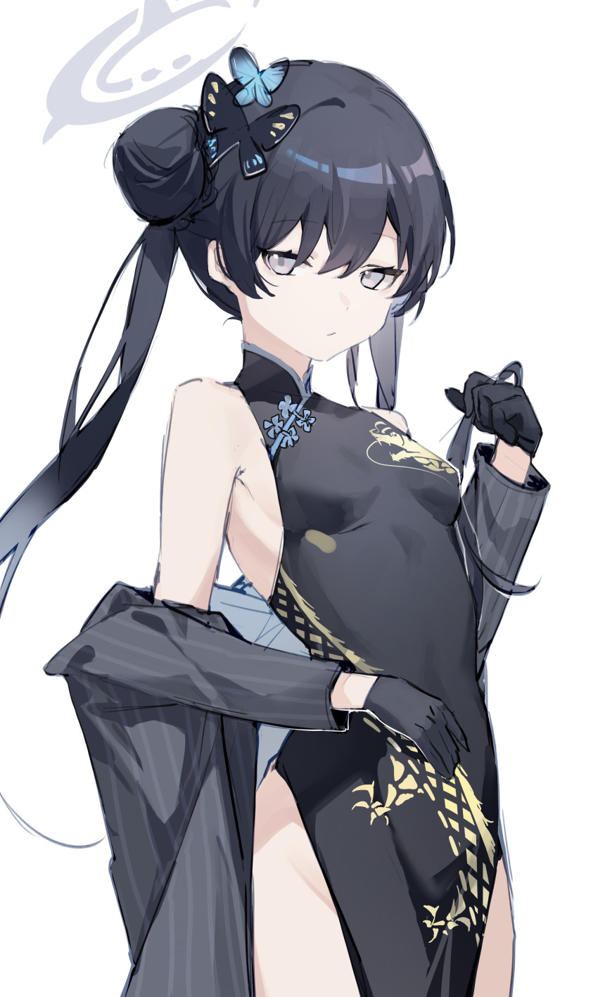 1girl :/ absurdres black_dress black_gloves black_hair blue_archive braid braided_bun breasts butterfly_hair_ornament china_dress chinese_clothes coat cowboy_shot dragon_print dress gloves grey_coat grey_eyes hair_bun hair_ornament halo hand_up highres holding holding_hair impossible_clothes impossible_dress kisaki_(blue_archive) long_hair looking_at_viewer mai_(vtuber)_(artist) off_shoulder pelvic_curtain pinstripe_pattern sketch sleeveless sleeveless_dress small_breasts solo striped twintails vertical-striped_coat white_background