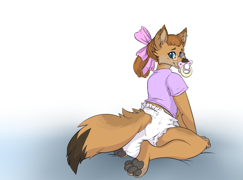 anthro bow_ribbon canid canine diaper digitigrade female hi_res kneeling looking_at_viewer mammal operationfluff pacifier pawpads smilie solo