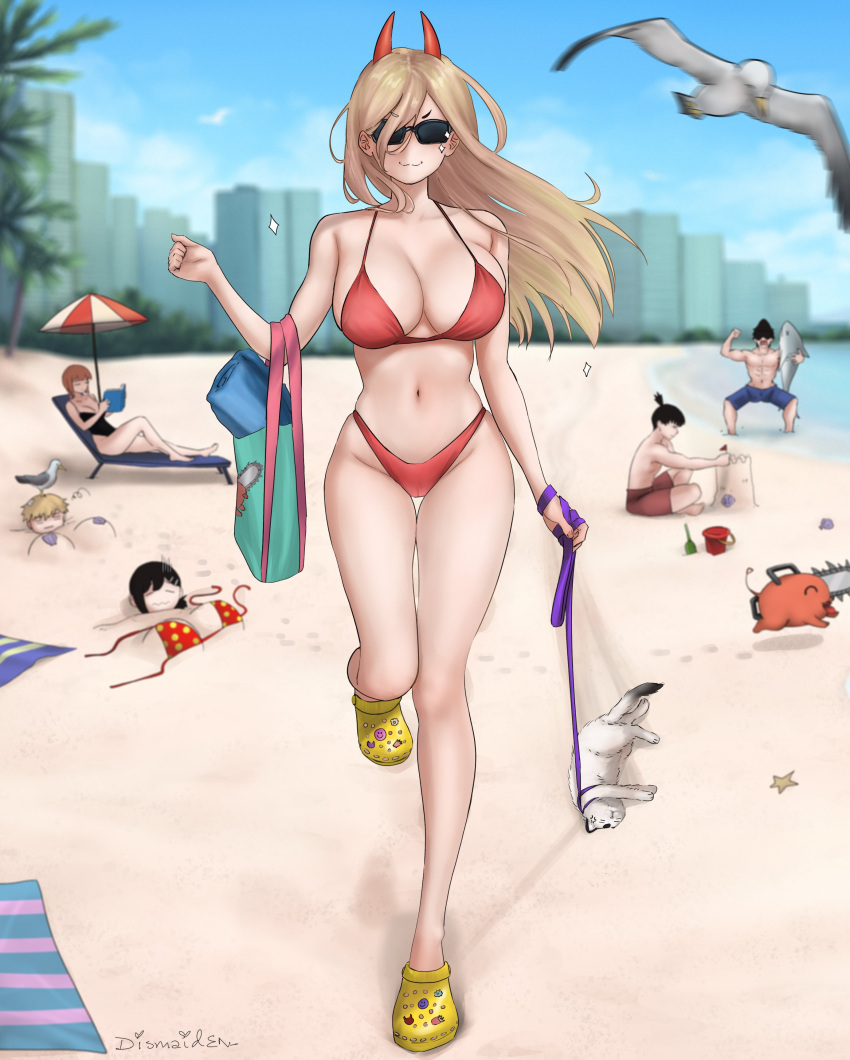 3boys 3girls absurdres beach beach_chair beach_towel beam_(chainsaw_man) bikini bird black_hair blonde_hair breasts bucket cat chainsaw_man crocs day denji_(chainsaw_man) dismaiden hayakawa_aki higashiyama_kobeni highres holding holding_leash horns large_breasts leash long_hair makima_(chainsaw_man) meowy_(chainsaw_man) multiple_boys multiple_girls navel outdoors paddle pochita_(chainsaw_man) power_(chainsaw_man) red_bikini red_hair red_horns sand sand_castle sand_sculpture seagull sunglasses swimsuit towel