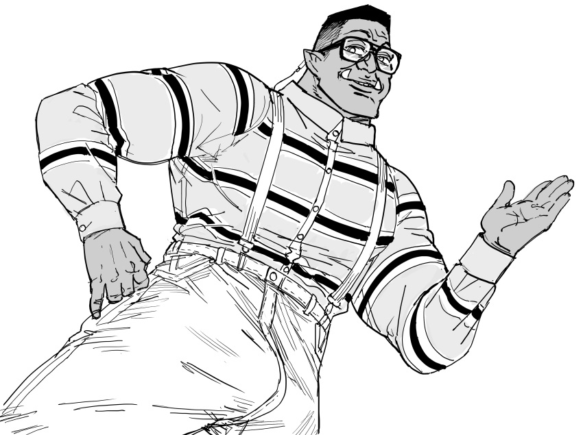 1boy absurdres bb_(baalbuddy) belt bulge copyright_request dark-skinned_male dark_skin denim family_matters glasses highres jeans looking_at_viewer muscular muscular_male orc pants pointy_ears shirt solo steve_urkel striped striped_shirt suspenders tusks