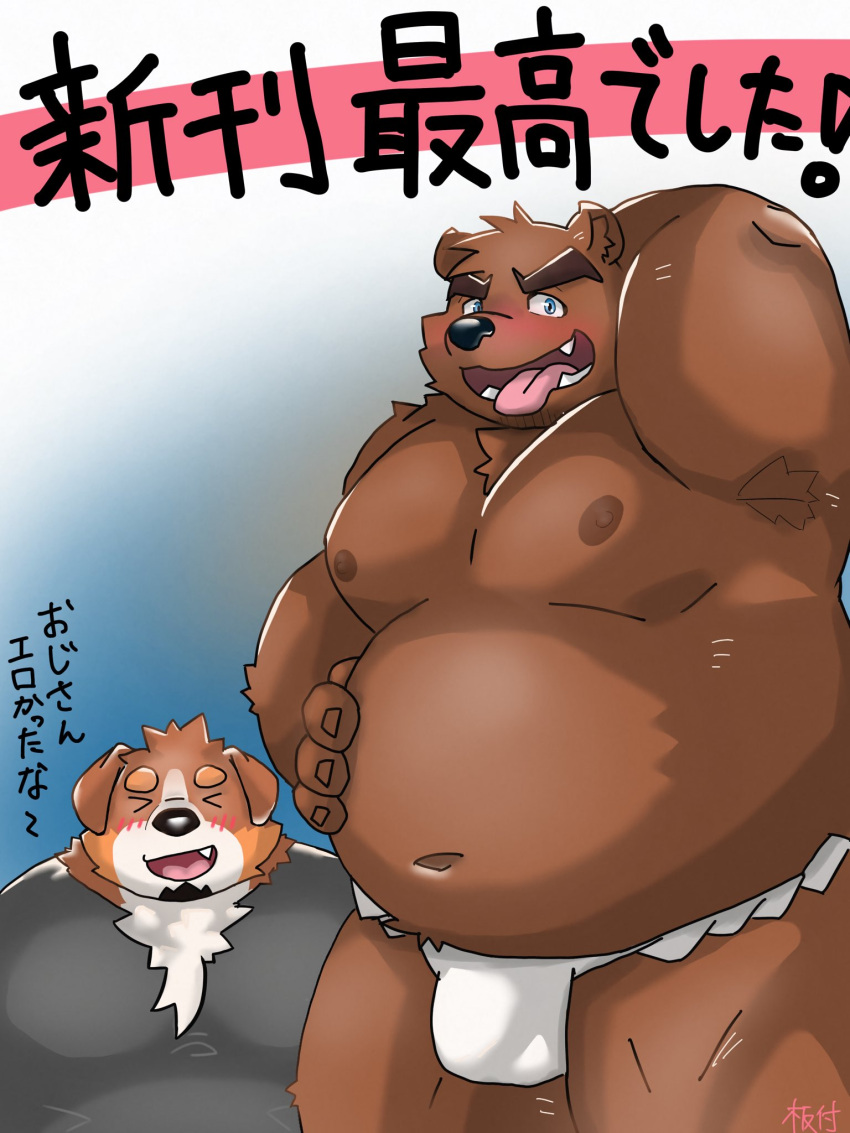 2023 anthro asian_clothing bear belly bernese_mountain_dog big_belly black_nose brown_body bulge canid canine canis clothing cute_fangs domestic_dog duo east_asian_clothing eyes_closed fundoshi hi_res itatuki_78 japanese_clothing japanese_text kemono male mammal molosser moobs mountain_dog nipples overweight overweight_male shirt swiss_mountain_dog text tongue tongue_out topwear underwear white_clothing white_fundoshi white_underwear