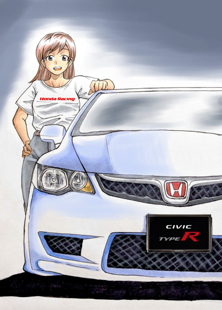 1girl belt black_eyes black_pants brown_belt brown_hair car hair_behind_ear hand_on_own_thigh highres honda honda_civic honda_civic_type_r kubotchi long_hair looking_at_viewer motor_vehicle original pants shadow smile solo straight-on vehicle_focus vehicle_name