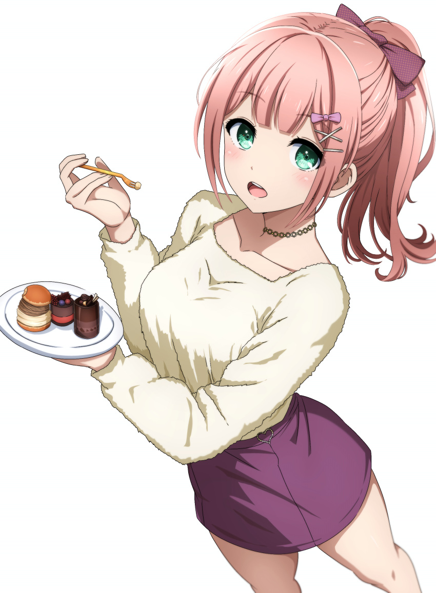 1girl absurdres bang_dream! blunt_bangs blurry blush bow breasts collarbone commentary_request cupcake depth_of_field feet_out_of_frame food food_bite fork from_above green_eyes hair_bow hair_ornament hands_up highres holding holding_fork holding_plate jewelry long_sleeves looking_at_viewer looking_up medium_breasts medium_hair miniskirt necklace noshimurin open_mouth pink_hair plate polka_dot polka_dot_bow ponytail purple_bow purple_skirt shirt simple_background skirt smile solo standing teeth uehara_himari upper_teeth_only white_background white_shirt x_hair_ornament