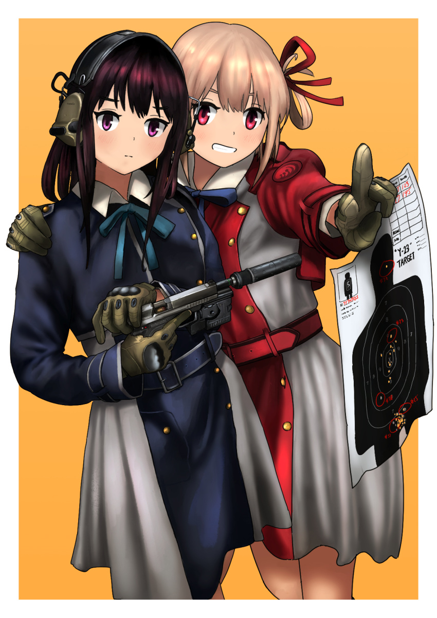 2girls black_hair blonde_hair blue_dress bob_cut border cocking_gun dress ear_protection gloves gun h&amp;k_mark_23 hair_ribbon handgun highres inoue_takina long_hair lycoris_recoil lycoris_uniform multiple_girls nishikigi_chisato purple_eyes red_dress red_eyes red_ribbon ribbon school_uniform shooting_range short_hair suppressor target timmyyen two-tone_background two-tone_dress weapon weapon_request white_border yellow_background