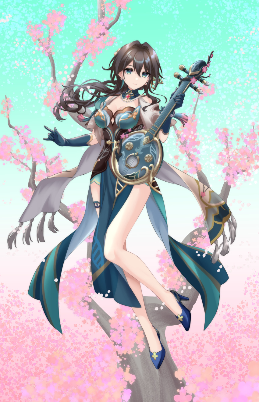 1girl bare_shoulders black_hair blue_eyes blue_footwear blue_gloves breasts cherry_blossoms chinese_clothes cleavage commentary_request commission dress full_body gloves high_heels highres holding holding_instrument honkai:_star_rail honkai_(series) instrument kakiko210 long_hair medium_breasts pelvic_curtain ruan_mei_(honkai:_star_rail) short_sleeves skeb_commission solo thighs
