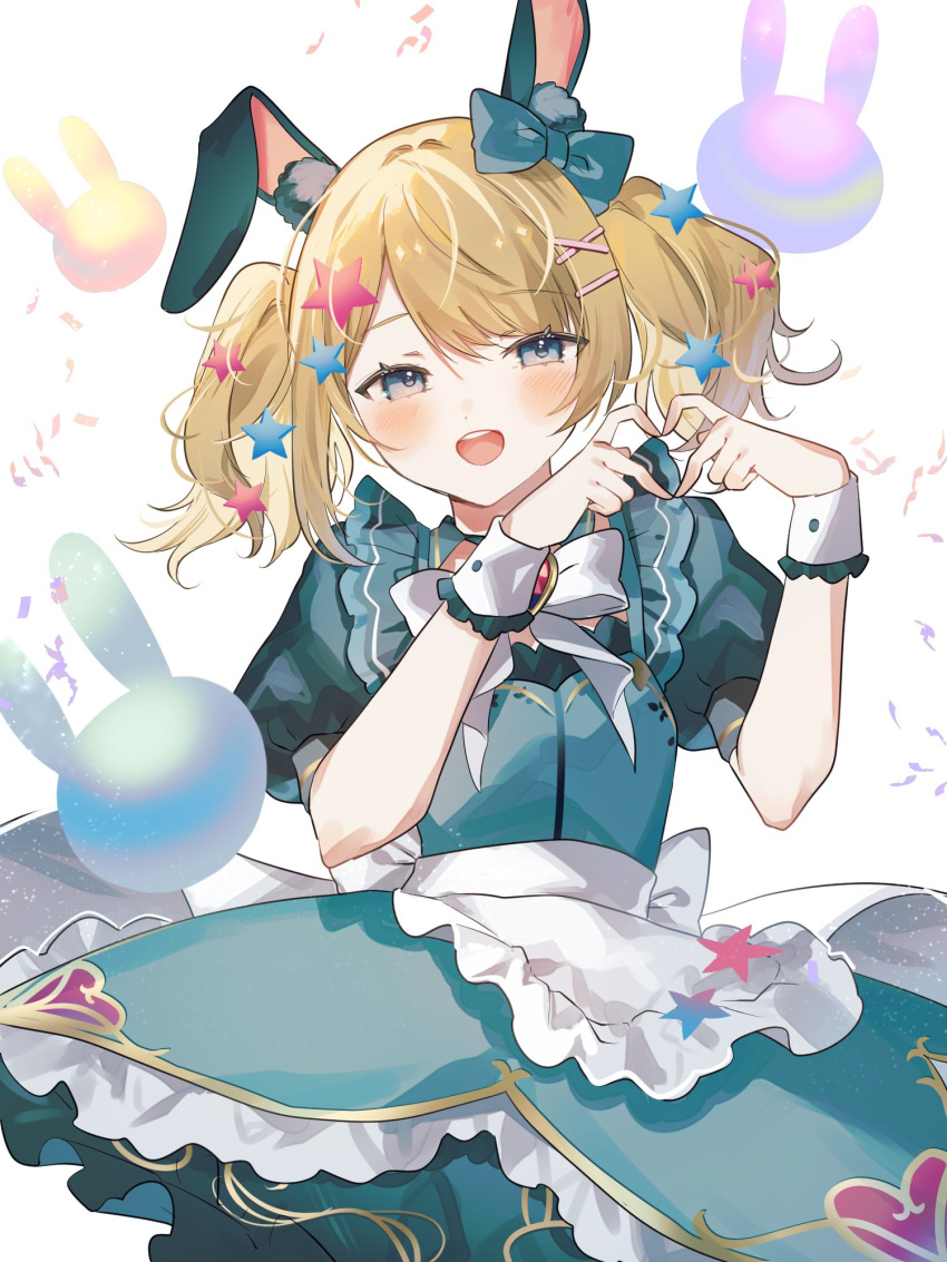 1girl animal_ear_fluff animal_ears balloon blonde_hair bow dress green_bow green_dress grey_eyes hair_bow heart heart_hands highres indie_virtual_youtuber light_blush looking_at_viewer magical_girl_alto open_mouth rabbit_ears rabbit_girl short_sleeves smile solo sorani_(kaeru0768) teeth two_side_up upper_teeth_only virtual_youtuber wrist_cuffs