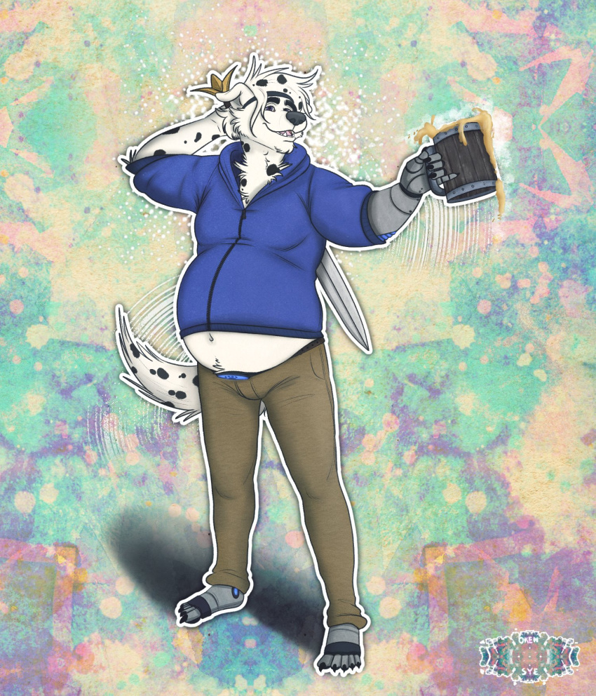 5_toes abstract_background alcohol anthro beer beer_mug belly beverage black_spots blue_clothing blue_hoodie blue_topwear canid canine canis clothing dalmatian domestic_dog exposed_belly feet floppy_ears fur hi_res holding_beer holding_beverage holding_object holding_sword holding_weapon hoodie hybrid male mammal melee_weapon midriff mortimer_rainstorm_(goliath-the-second) navel oken-sye overweight overweight_anthro overweight_male solo spots standing sword tail tail_motion tailwag toes topwear weapon white_body white_fur wolf